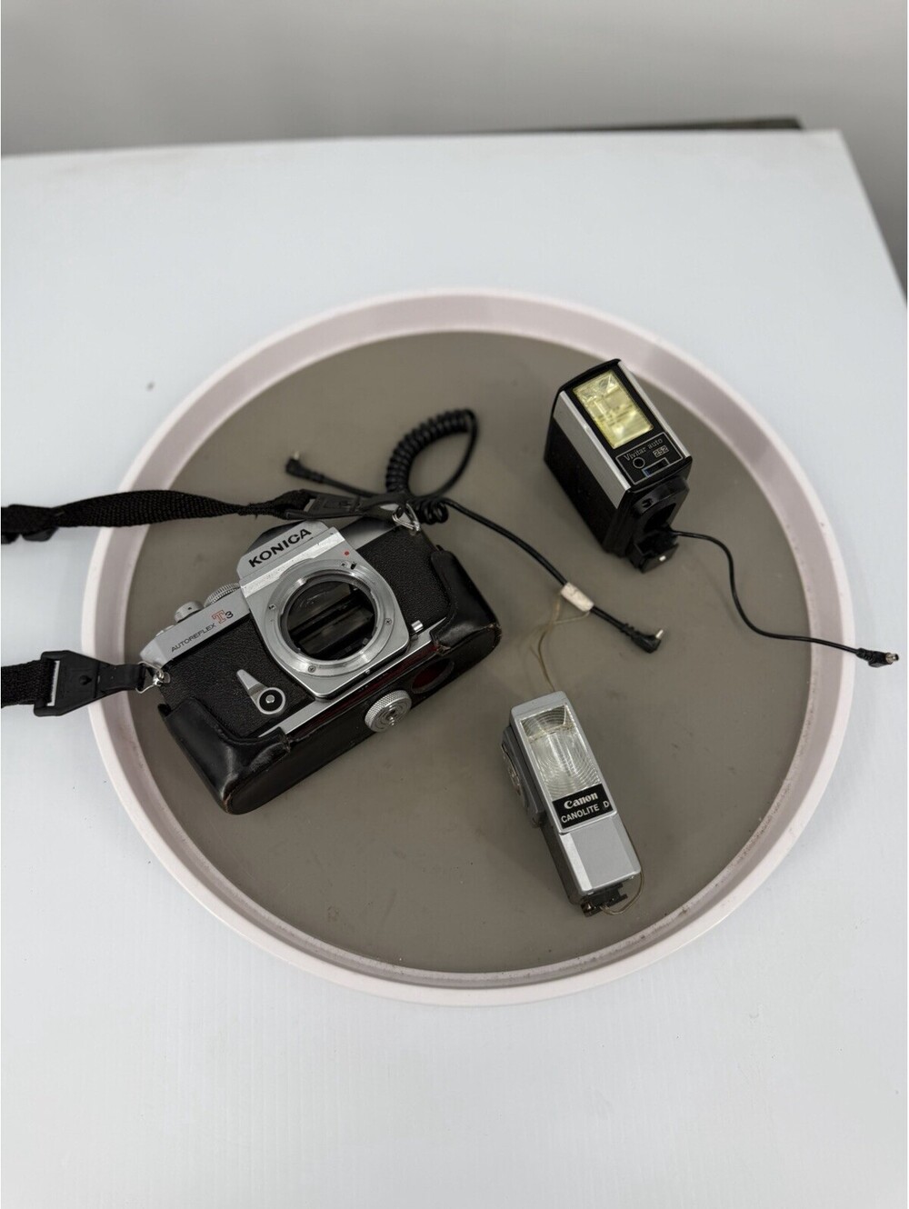 Vintage Konica Autoreflex T3 Camera Canon Canolite D Vivitar 252 Flash Lot
